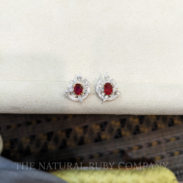 2.14 Ct.Tw. Pinkish Red Ruby and Natural Diamond Pave Earrings, 18K White & Yellow