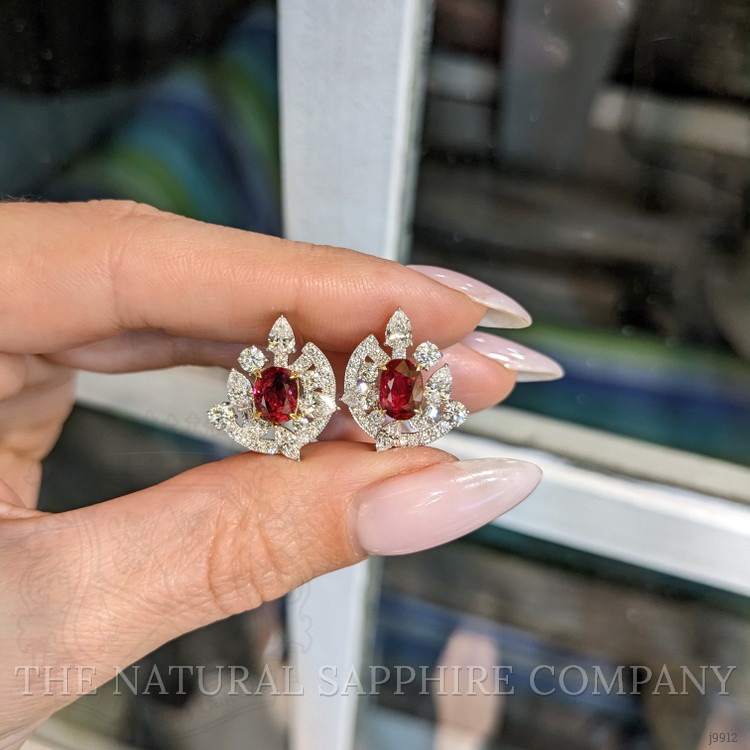 2.14 Ct.Tw. Pinkish Red Ruby and Natural Diamond Pave Earrings, 18K White & Yellow