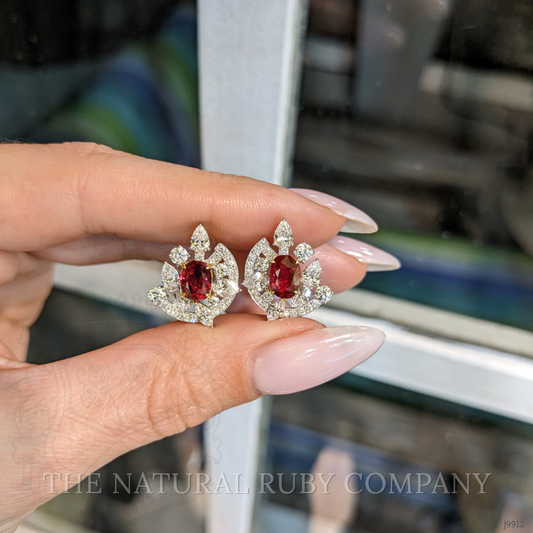2.14 Ct.Tw. Pinkish Red Ruby and Natural Diamond Pave Earrings, 18K White & Yellow