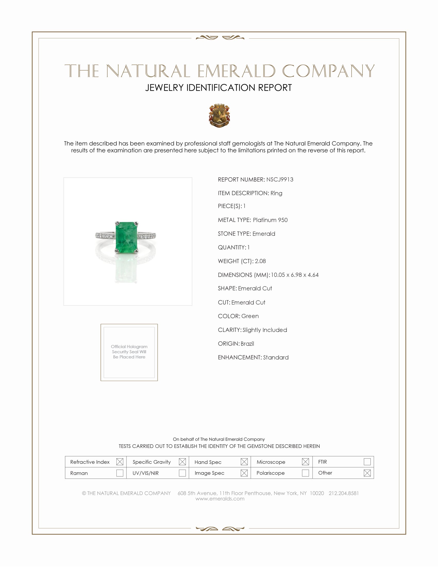 Emerald Ring - Emerald Cut 2.08 Ct. - Platinum 950 #J9913 | The Natural  Emerald Company