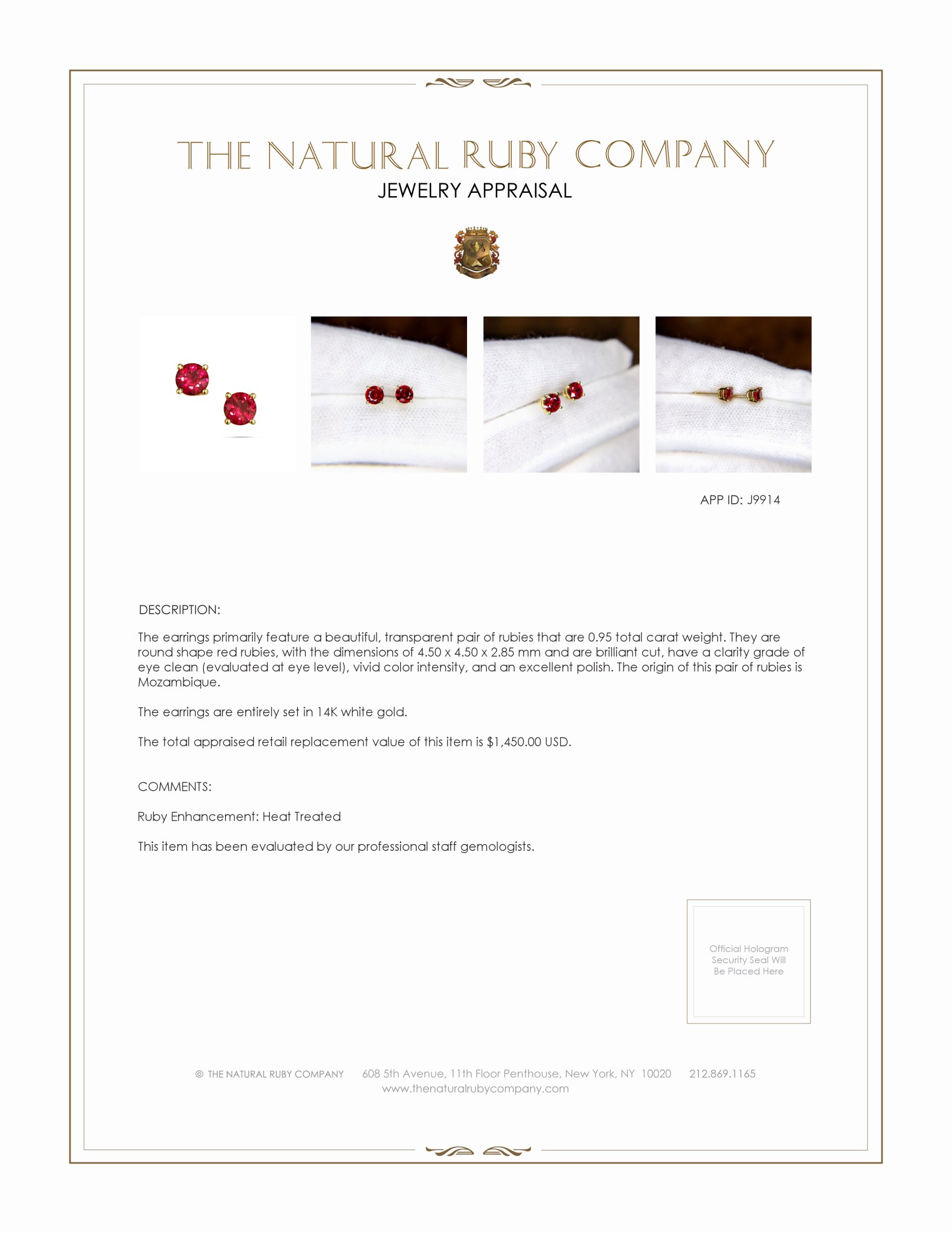 0.95 Ct.Tw. Ruby Studs Earrings, 14K White Gold