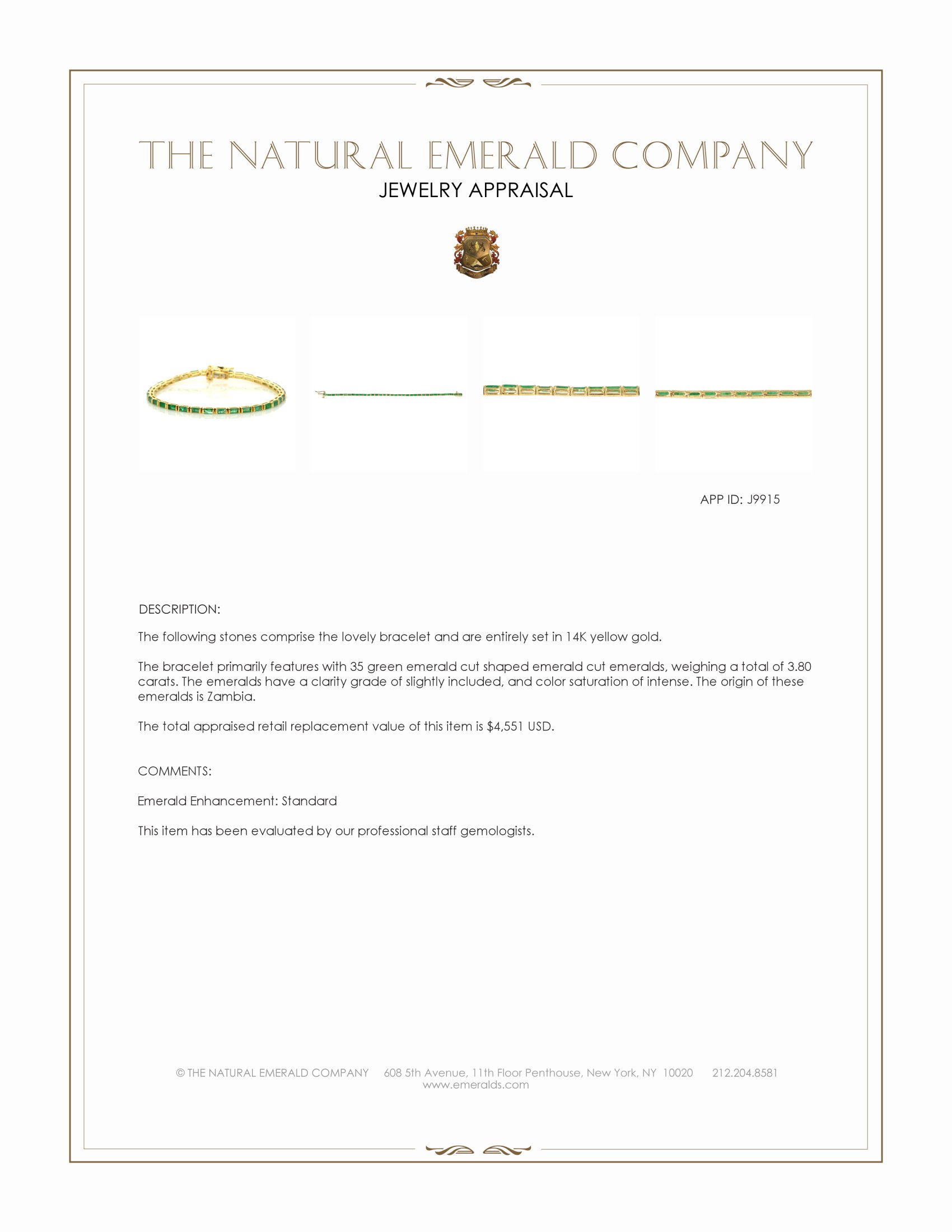 3.80 Ct.Tw. Emerald Tennis/Riviere Bracelet, 14K Yellow Gold
