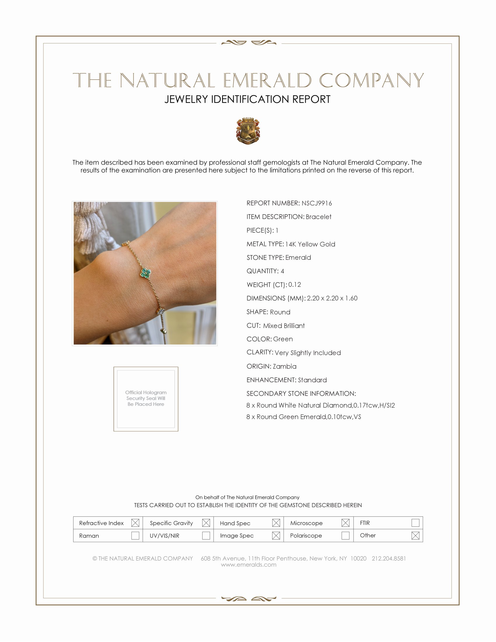 0.12 Ct.Tw. Emerald and Natural Diamond Accent Stones Bracelet, 14K Yellow Gold