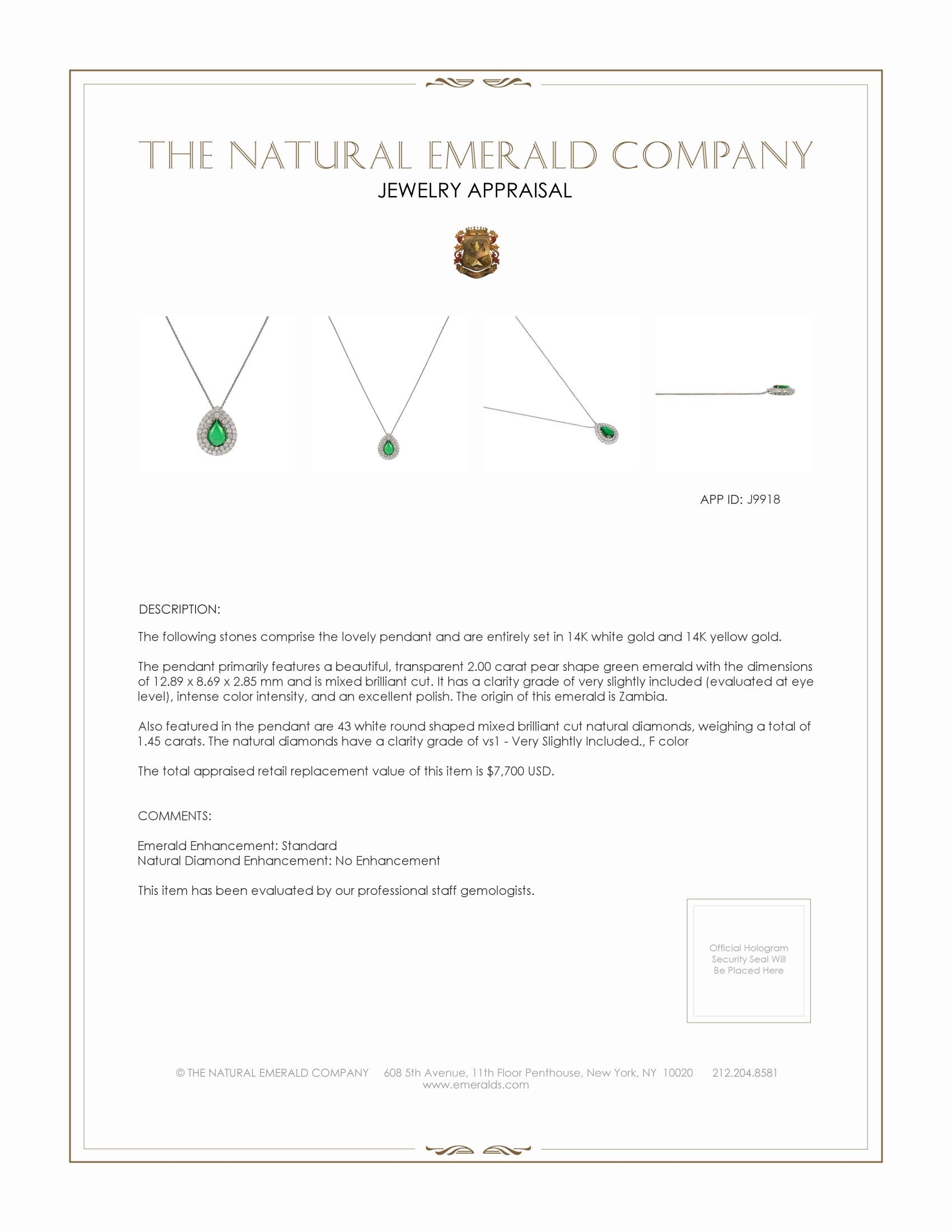 2.00 Ct. Emerald and Natural Diamond Pave Pendant, 14K White & Yellow