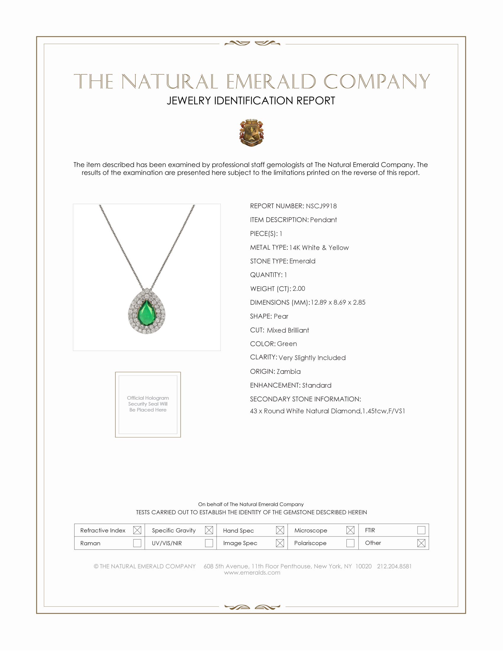 2.00 Ct. Emerald and Natural Diamond Pave Pendant, 14K White & Yellow