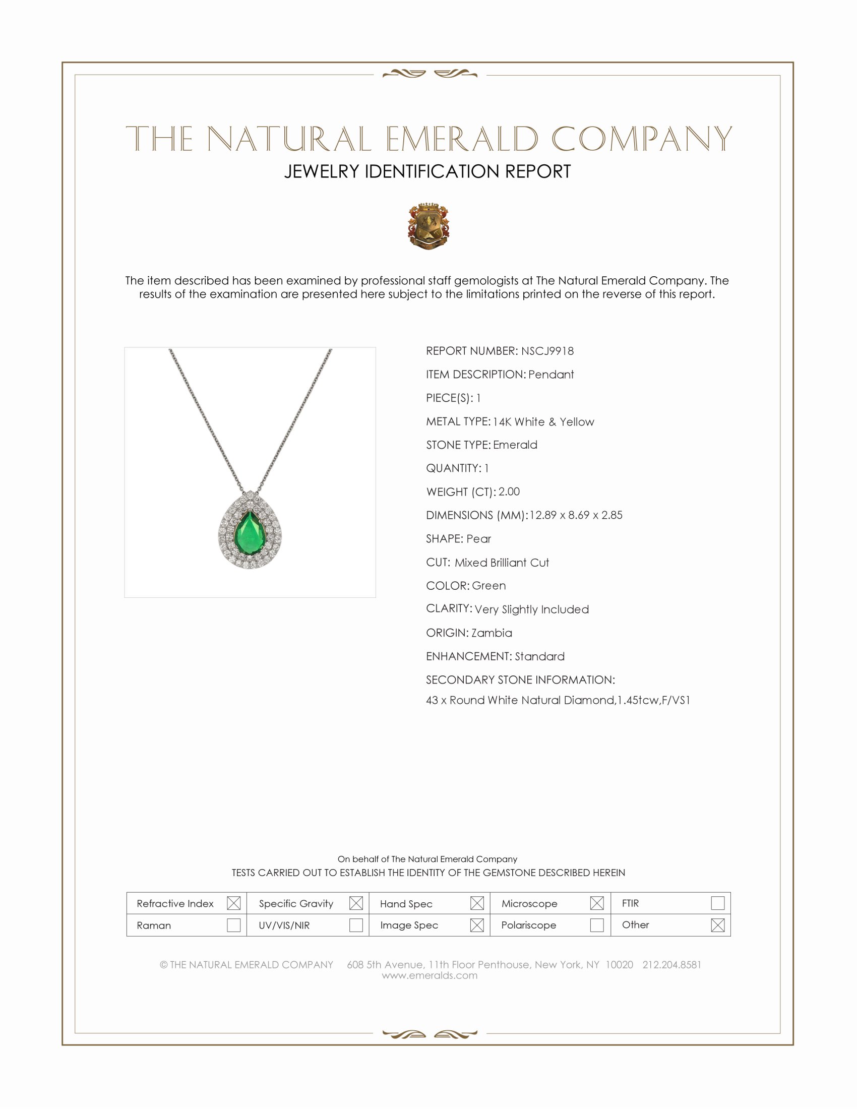 2.00 Ct. Emerald and Natural Diamond Pave Pendant, 14K White & Yellow