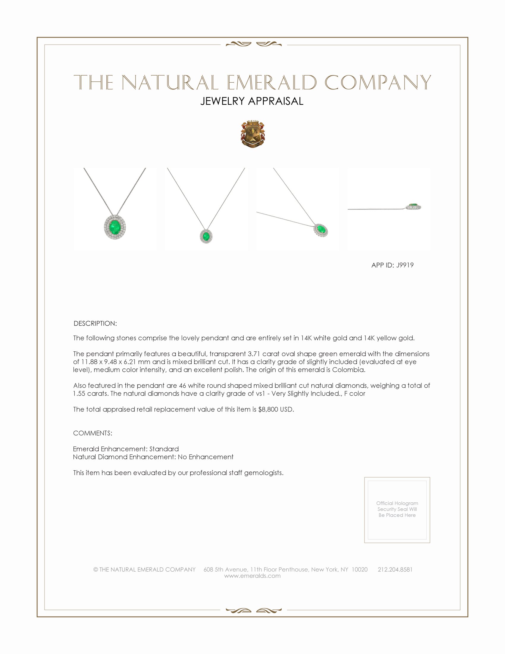 3.71 Ct. Emerald and Natural Diamond Pave Pendant, 14K White & Yellow