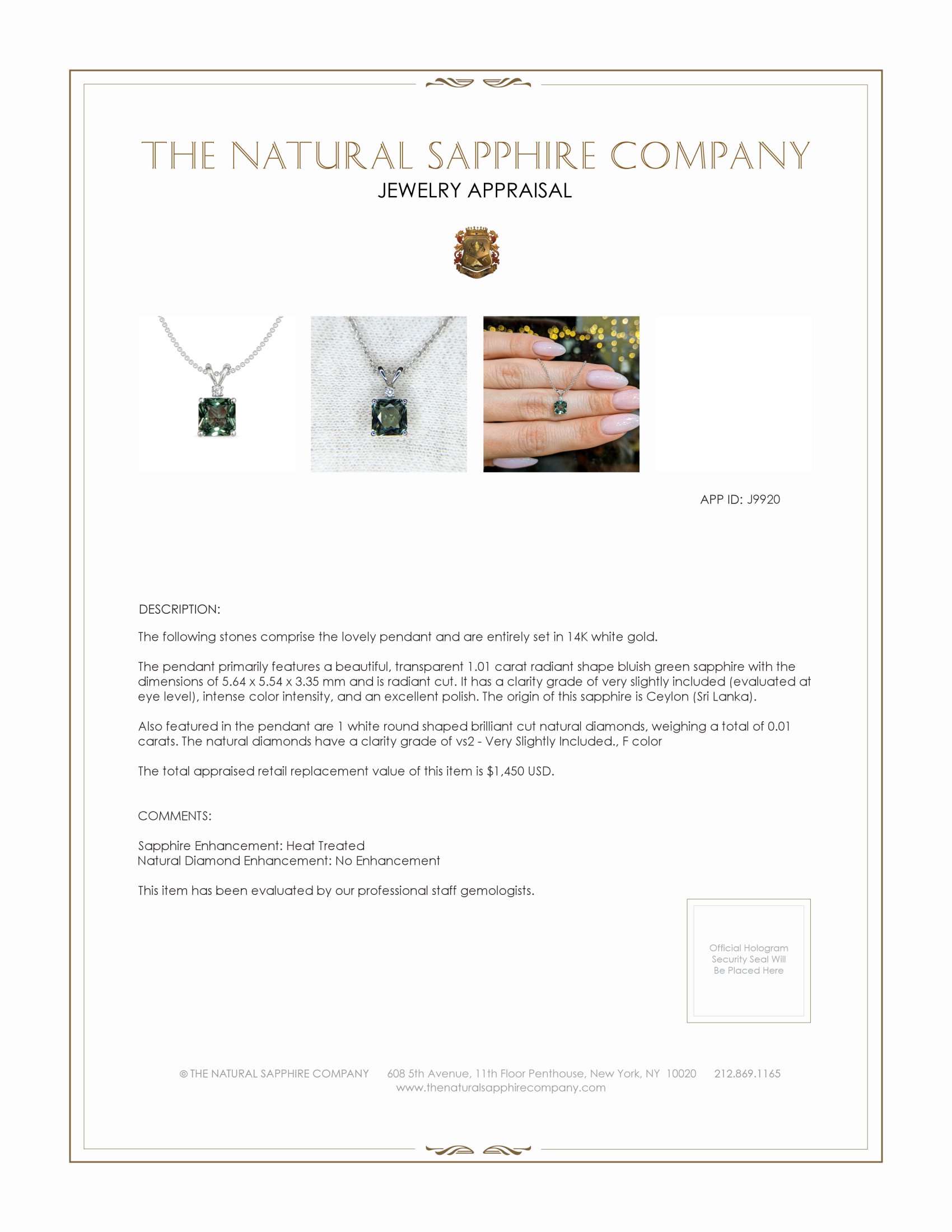 1.01 Ct. Bluish Green Sapphire and Natural Diamond Accent Stones Pendant, 14K White Gold