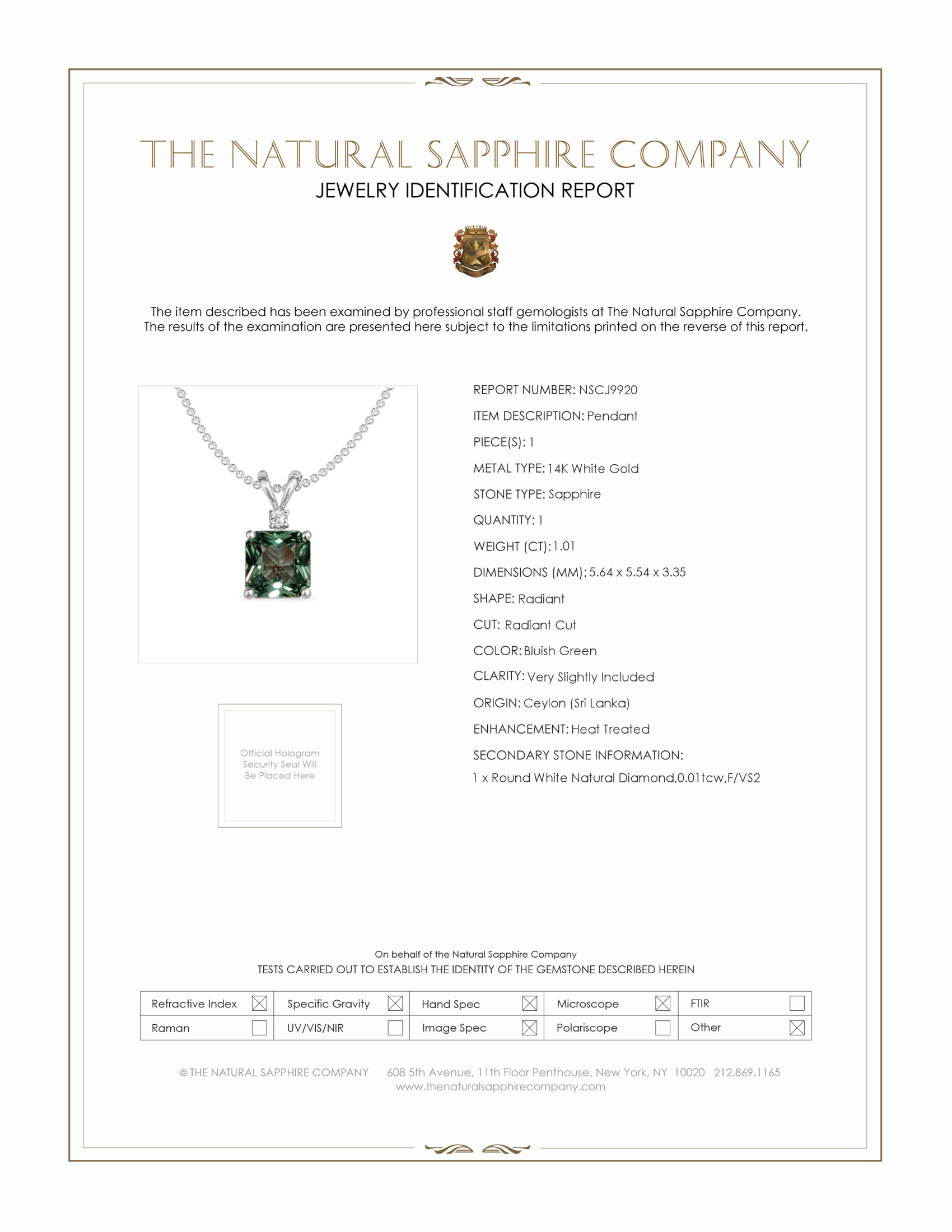 1.01 Ct. Bluish Green Sapphire and Natural Diamond Accent Stones Pendant, 14K White Gold