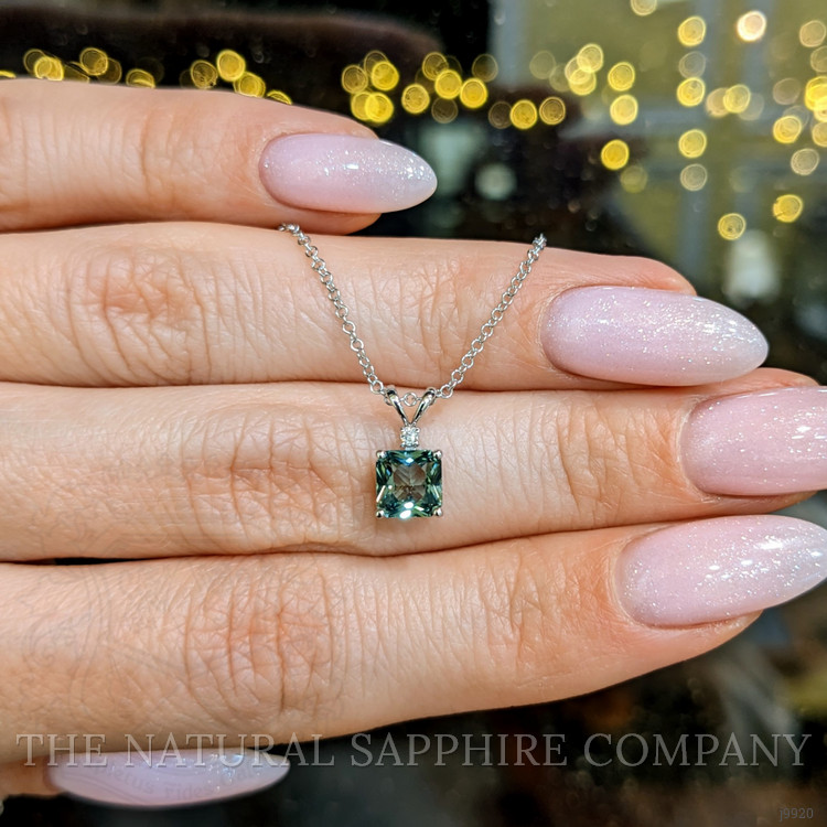 1.01 Ct. Bluish Green Sapphire and Natural Diamond Accent Stones Pendant, 14K White Gold