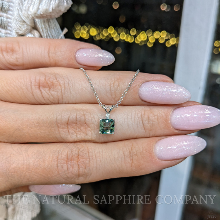 1.01 Ct. Bluish Green Sapphire and Natural Diamond Accent Stones Pendant, 14K White Gold