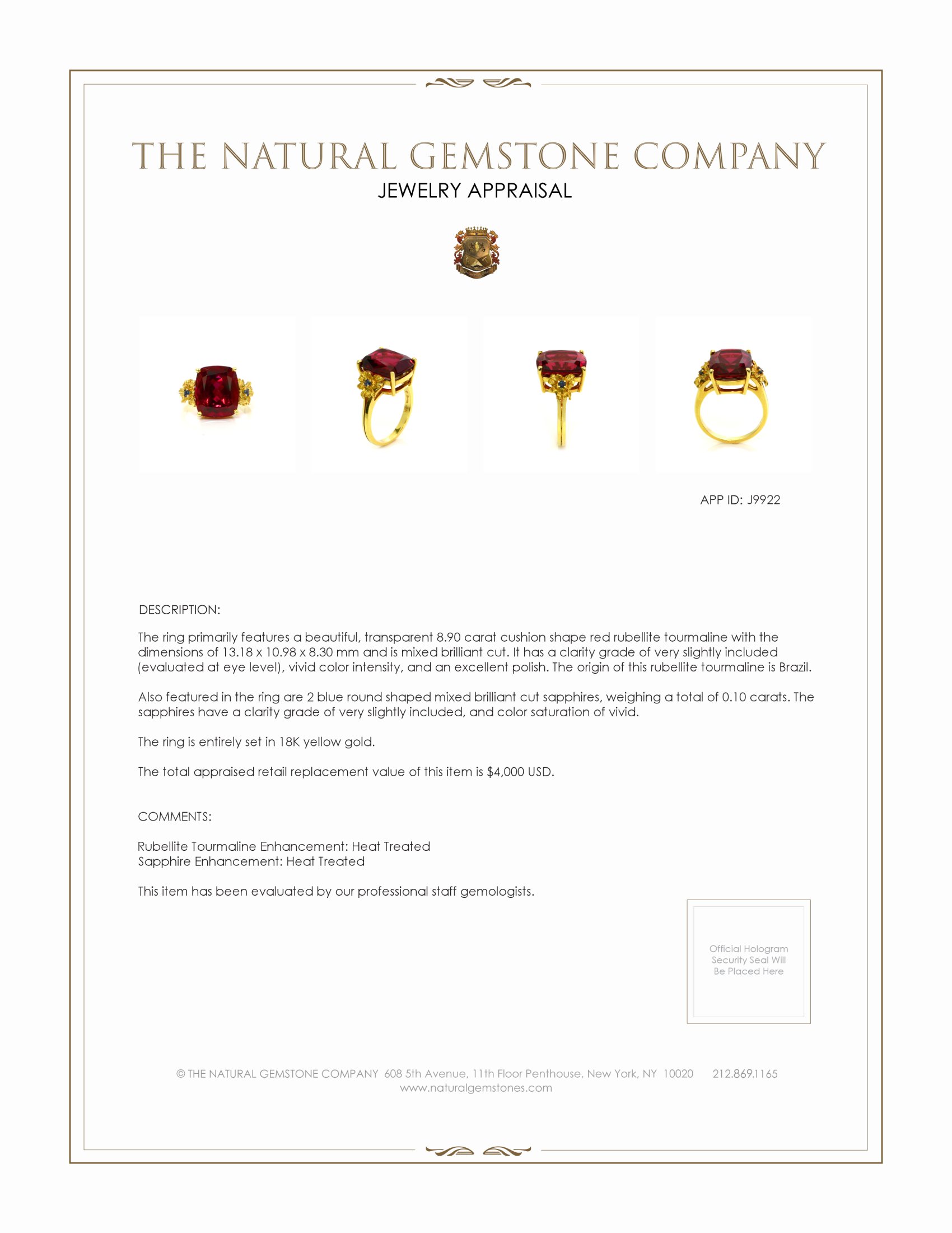 8.90 Ct. Rubellite Tourmaline Sapphire Antique Style Ring, 18K Yellow Gold