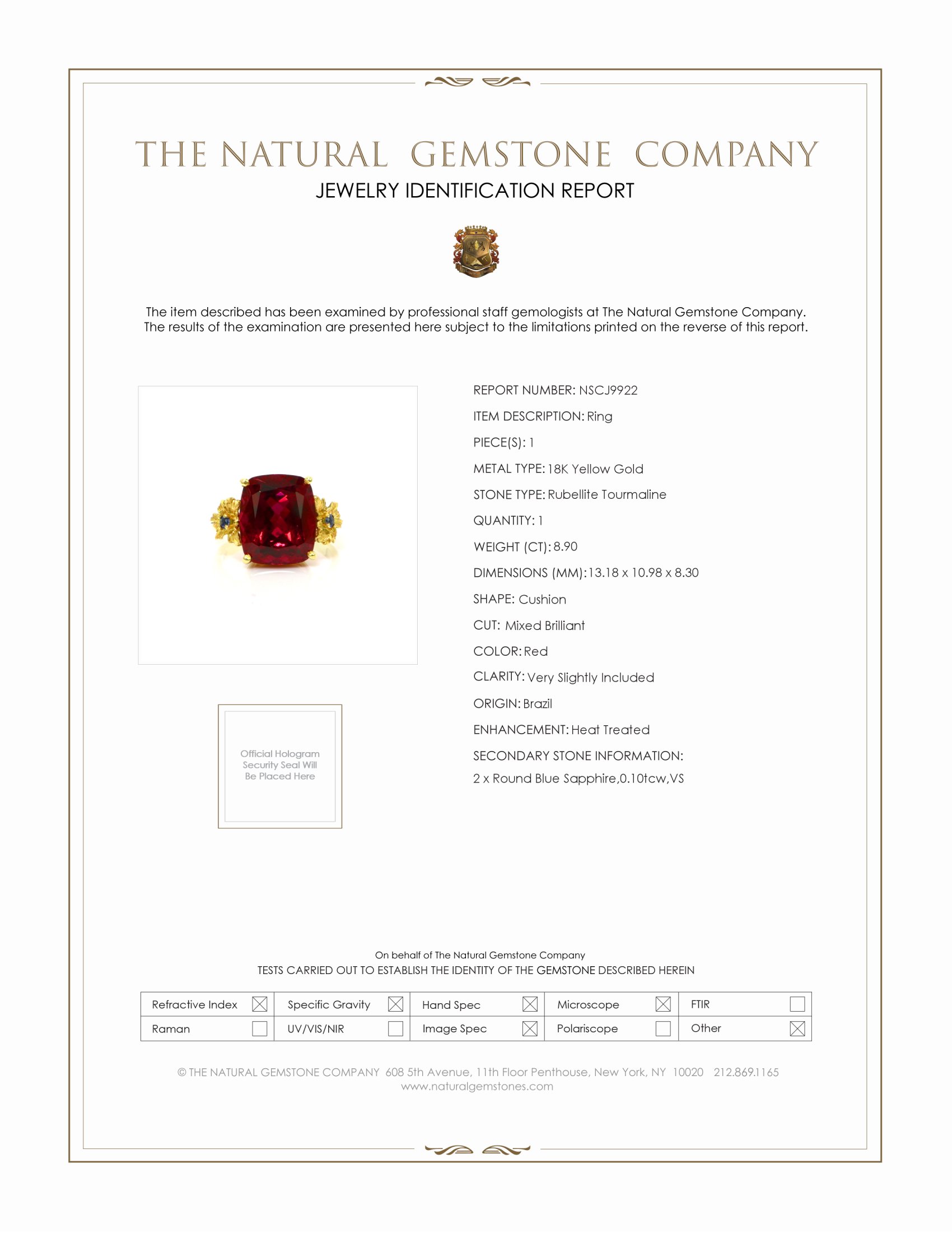 8.90 Ct. Rubellite Tourmaline Sapphire Antique Style Ring, 18K Yellow Gold