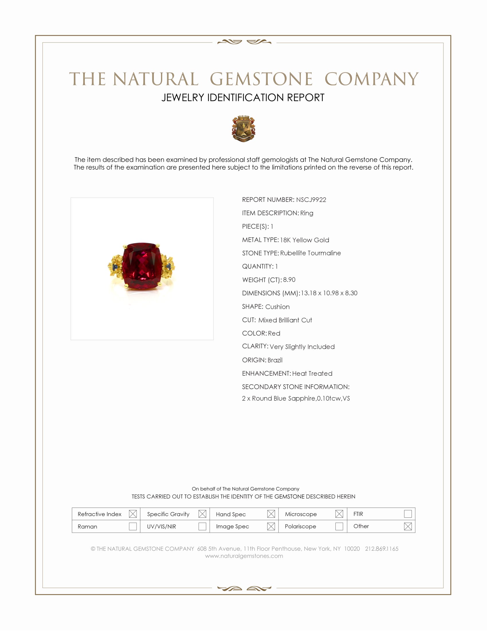 8.90 Ct. Red Rubellite Tourmaline and Blue Sapphire Antique Style Ring, 18K Yellow Gold