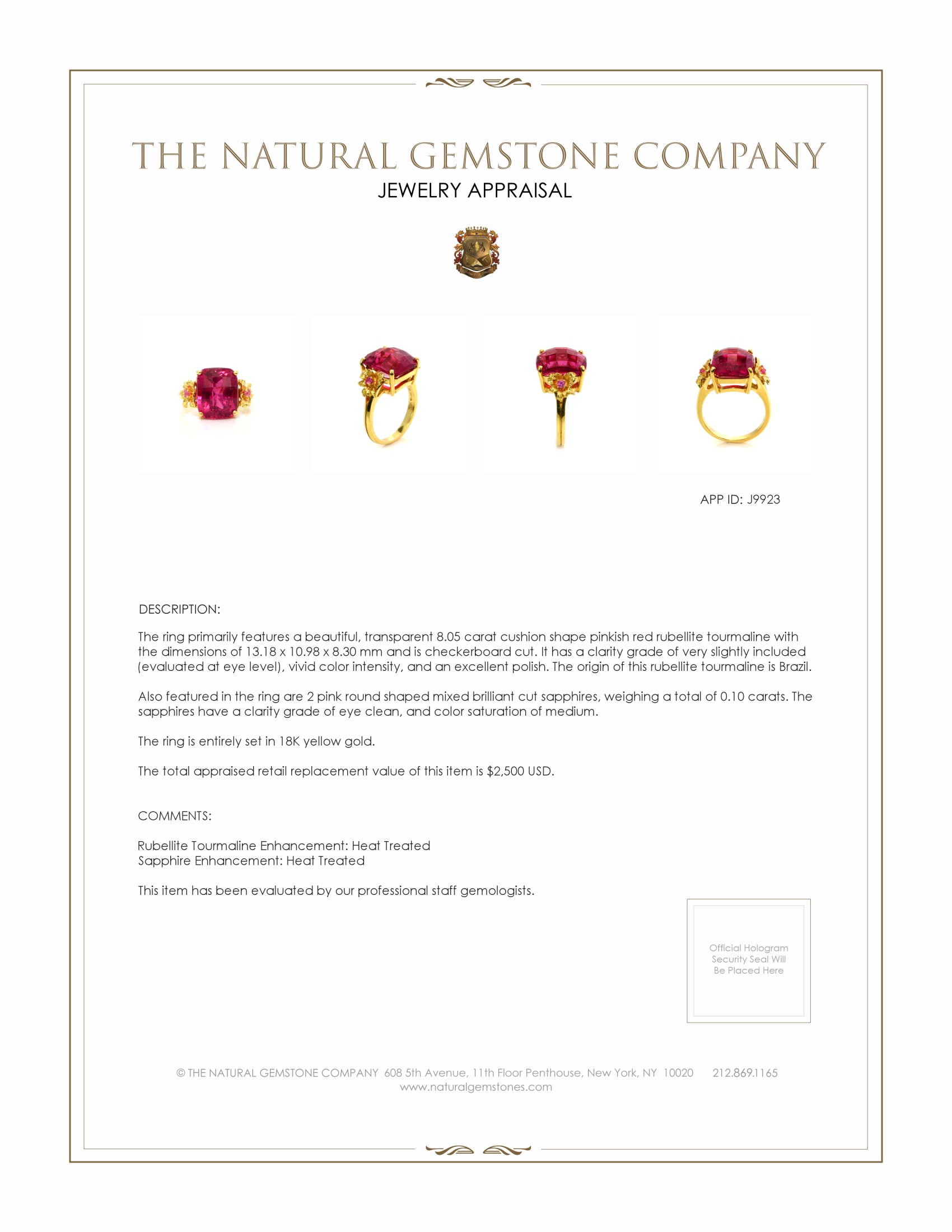 8.05 Ct. Rubellite Tourmaline Sapphire Antique Style Ring, 18K Yellow Gold