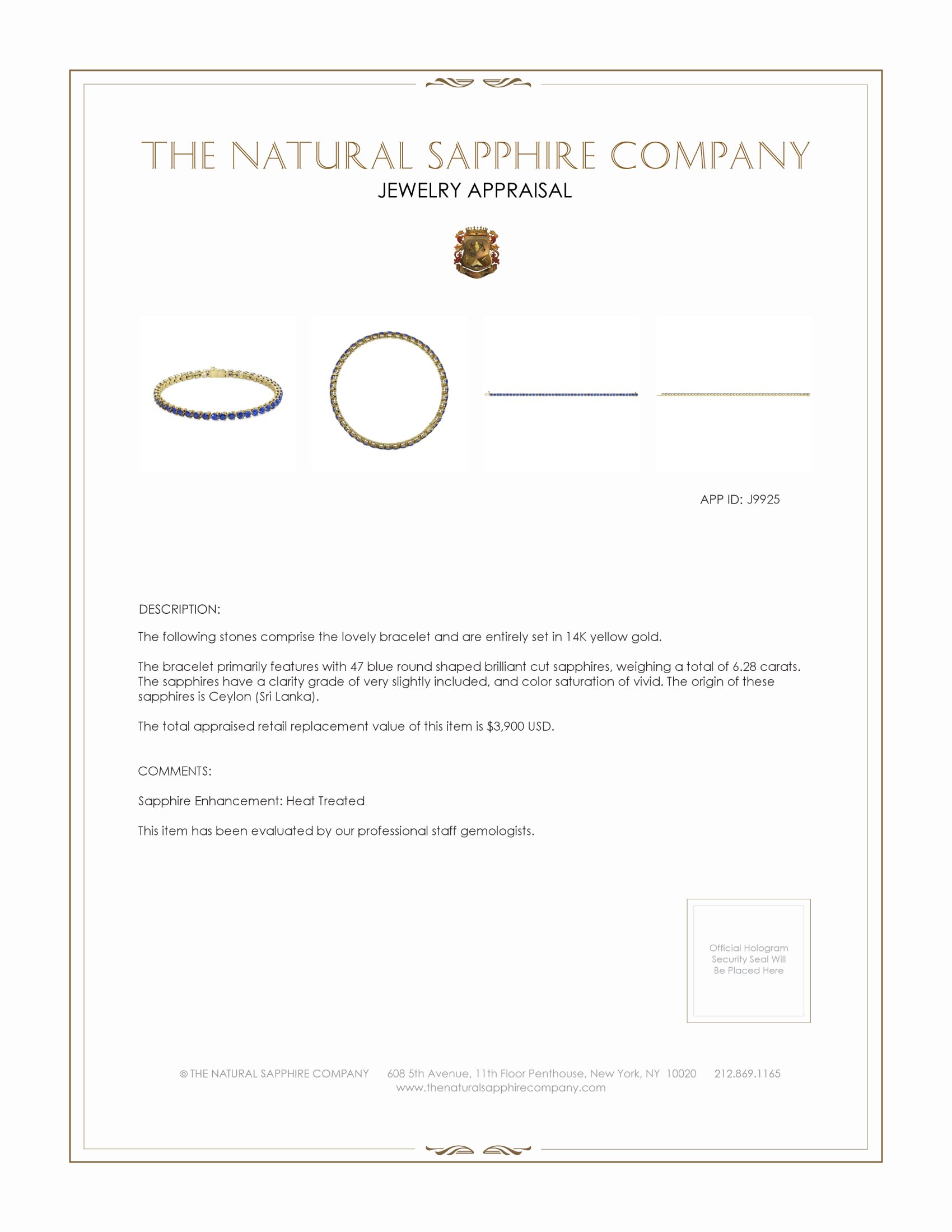 6.10 Ct.Tw. Blue Sapphire Tennis/Line Bracelet, 14K Yellow Gold