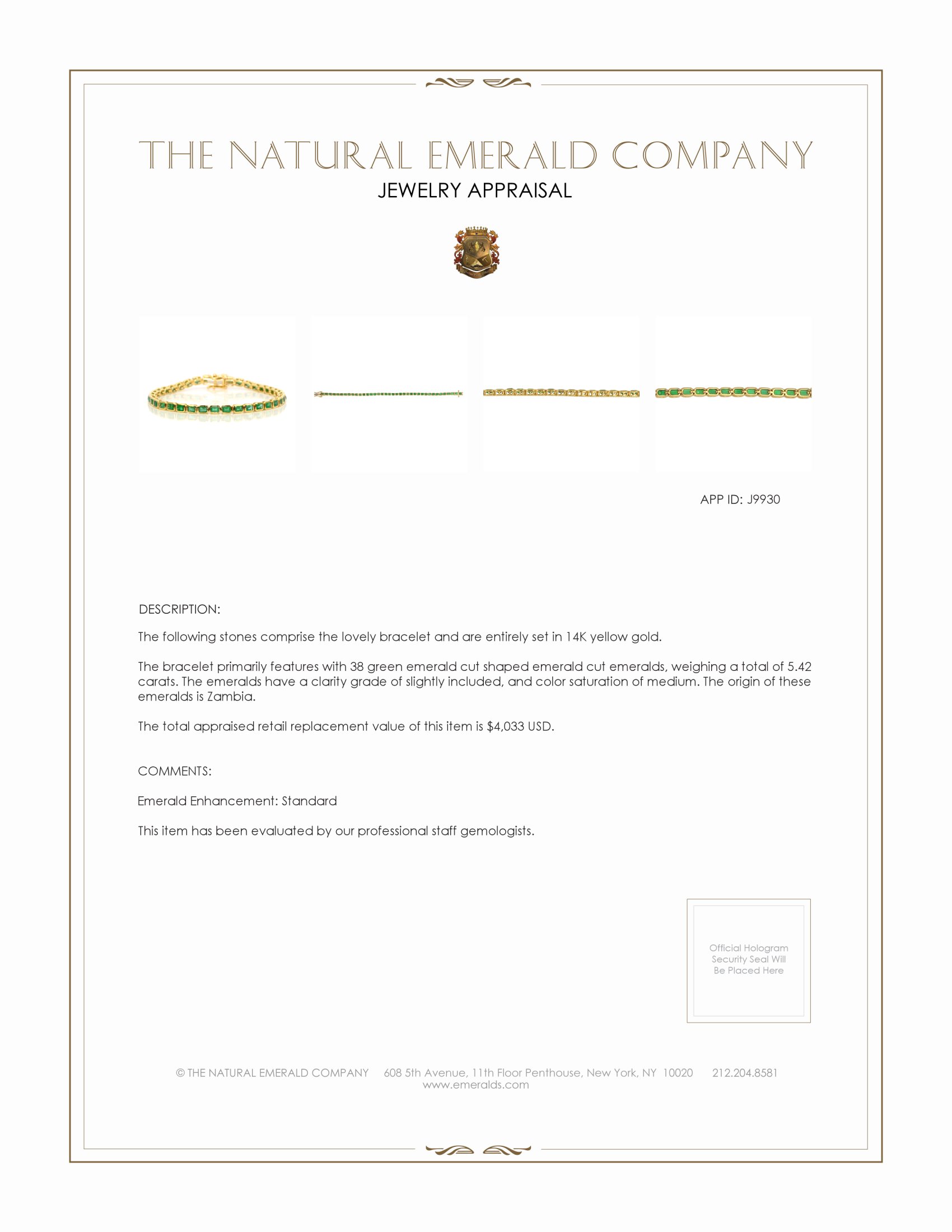 5.42 Ct.Tw. Emerald Tennis/Line Bracelet, 14K Yellow Gold