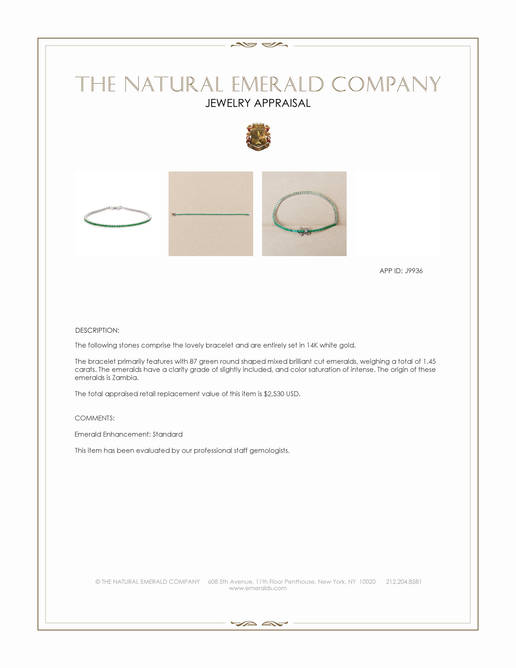1.45 Ct.Tw. Emerald Tennis/Line Bracelet, 14K White Gold