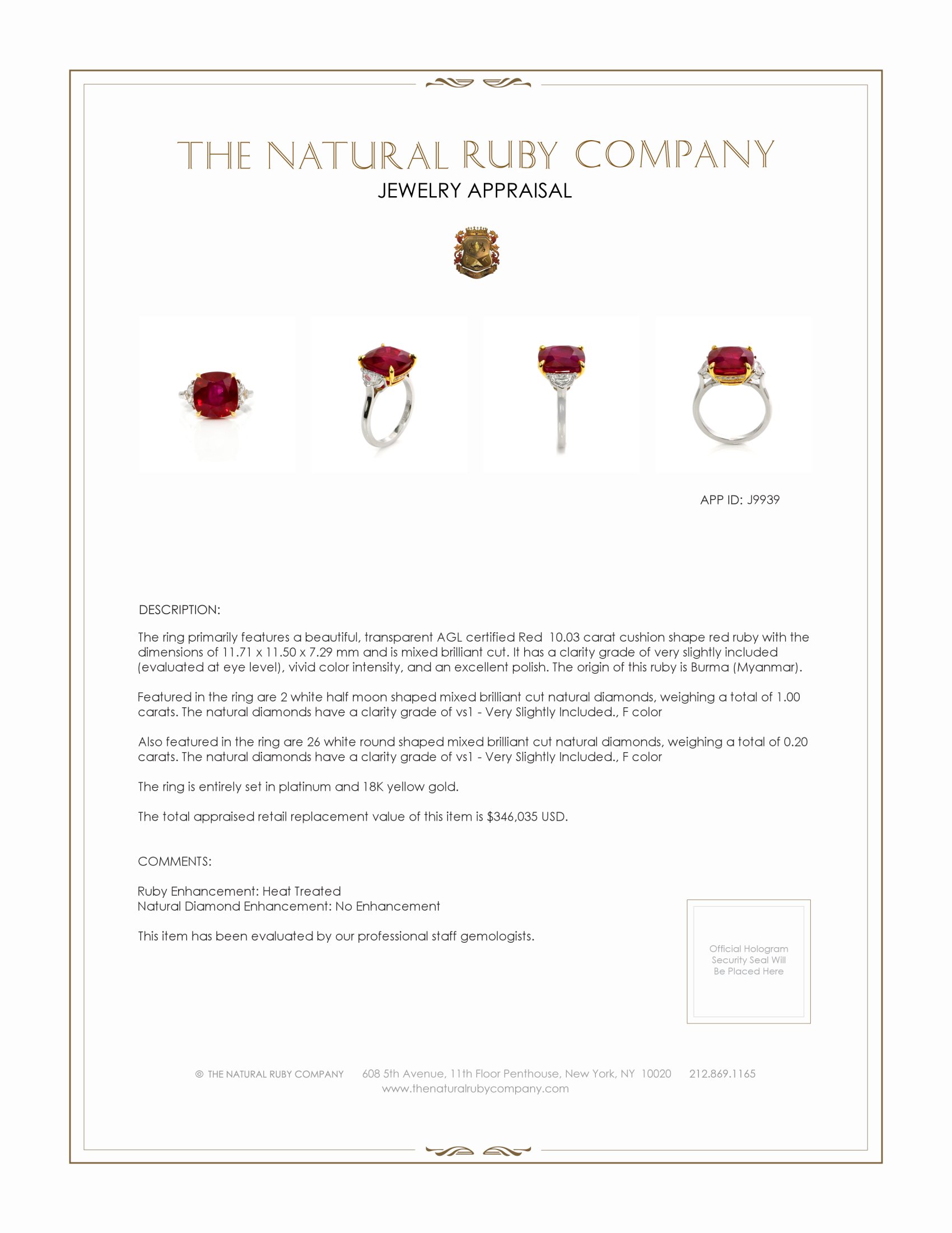 10.03 Ct. Ruby and Natural Diamond Three Stone Ring, Platinum & 18K Yellow