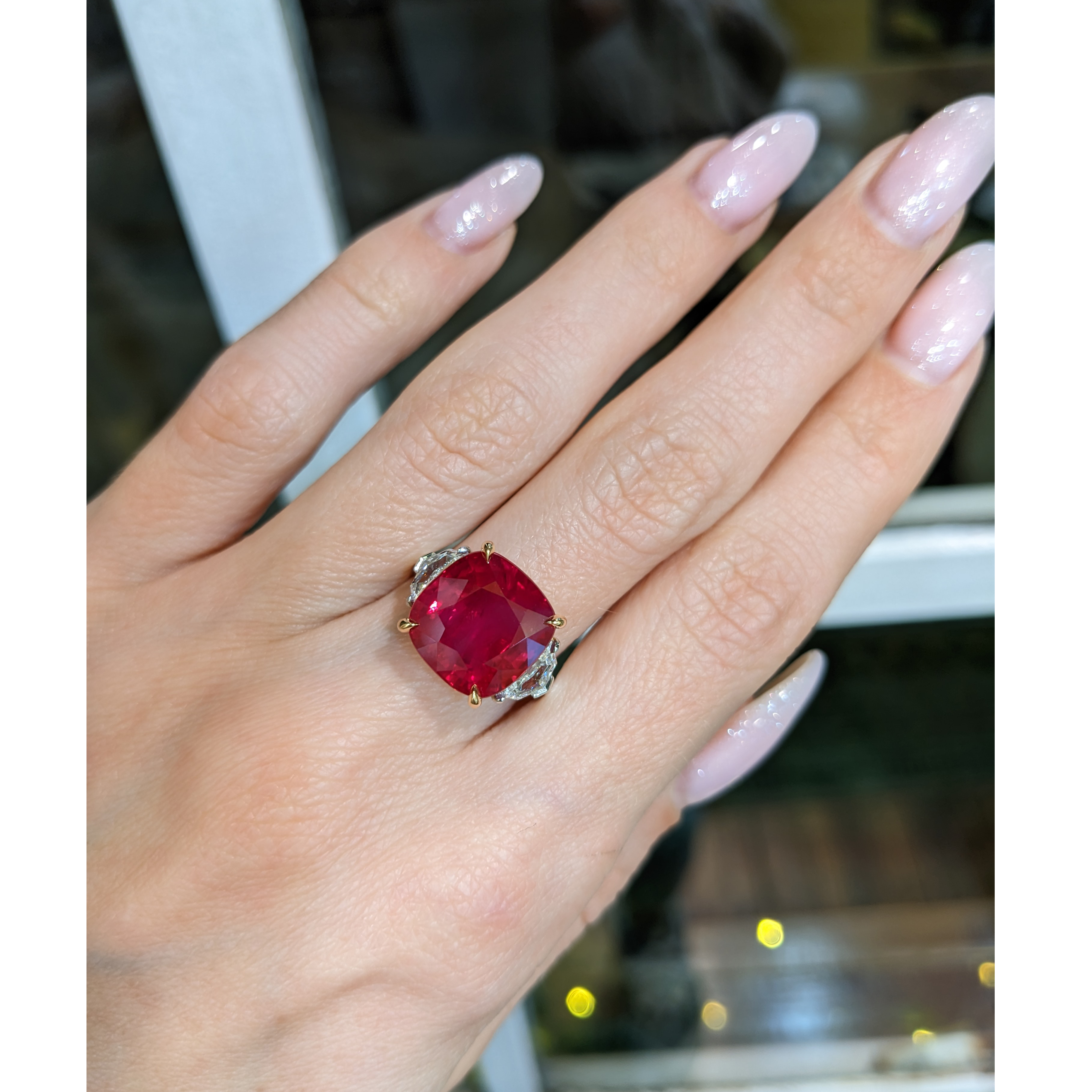 Ruby and Natural Diamond Three Stone Ring - Cushion 10.03 Ct