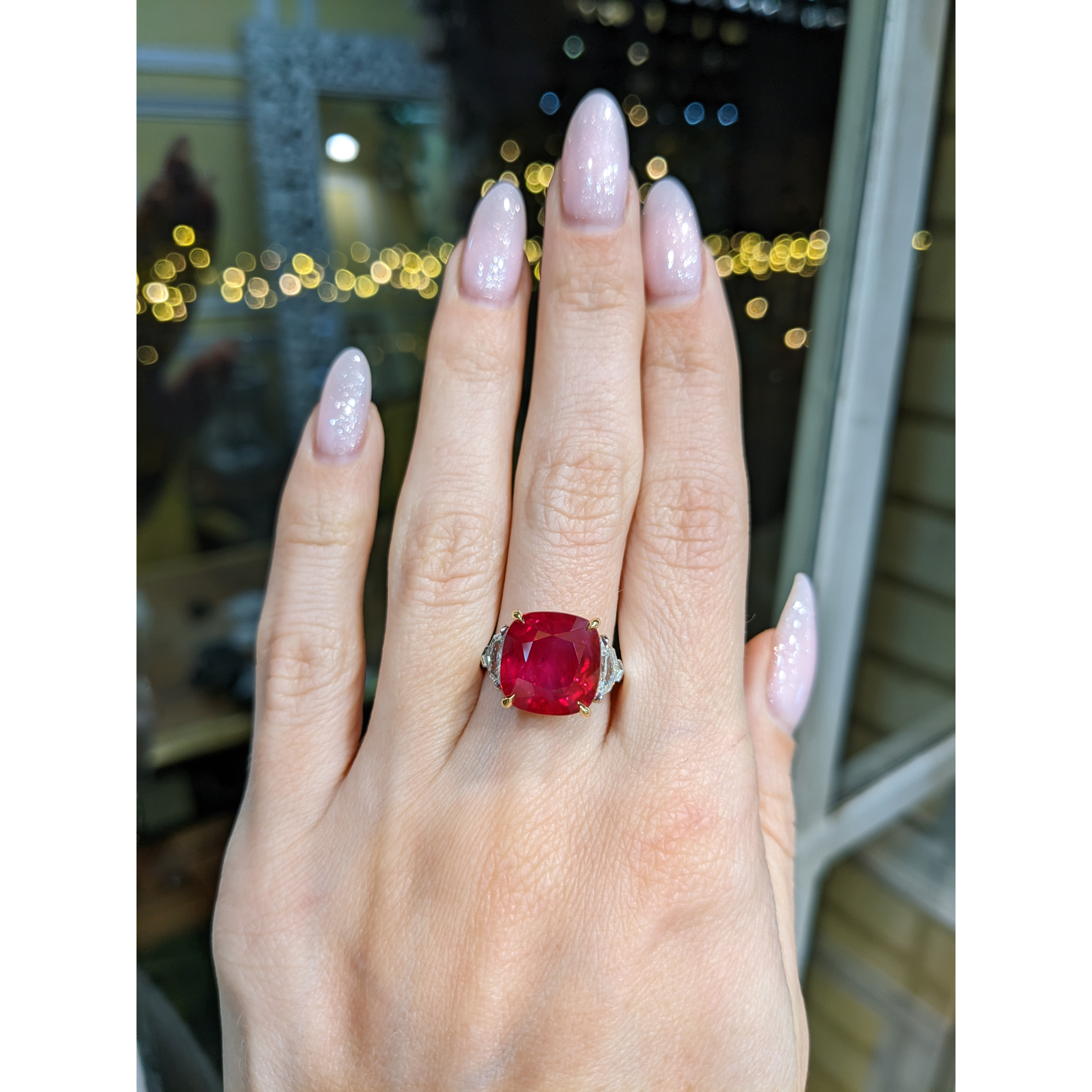 Ruby and Natural Diamond Three Stone Ring - Cushion 10.03 Ct