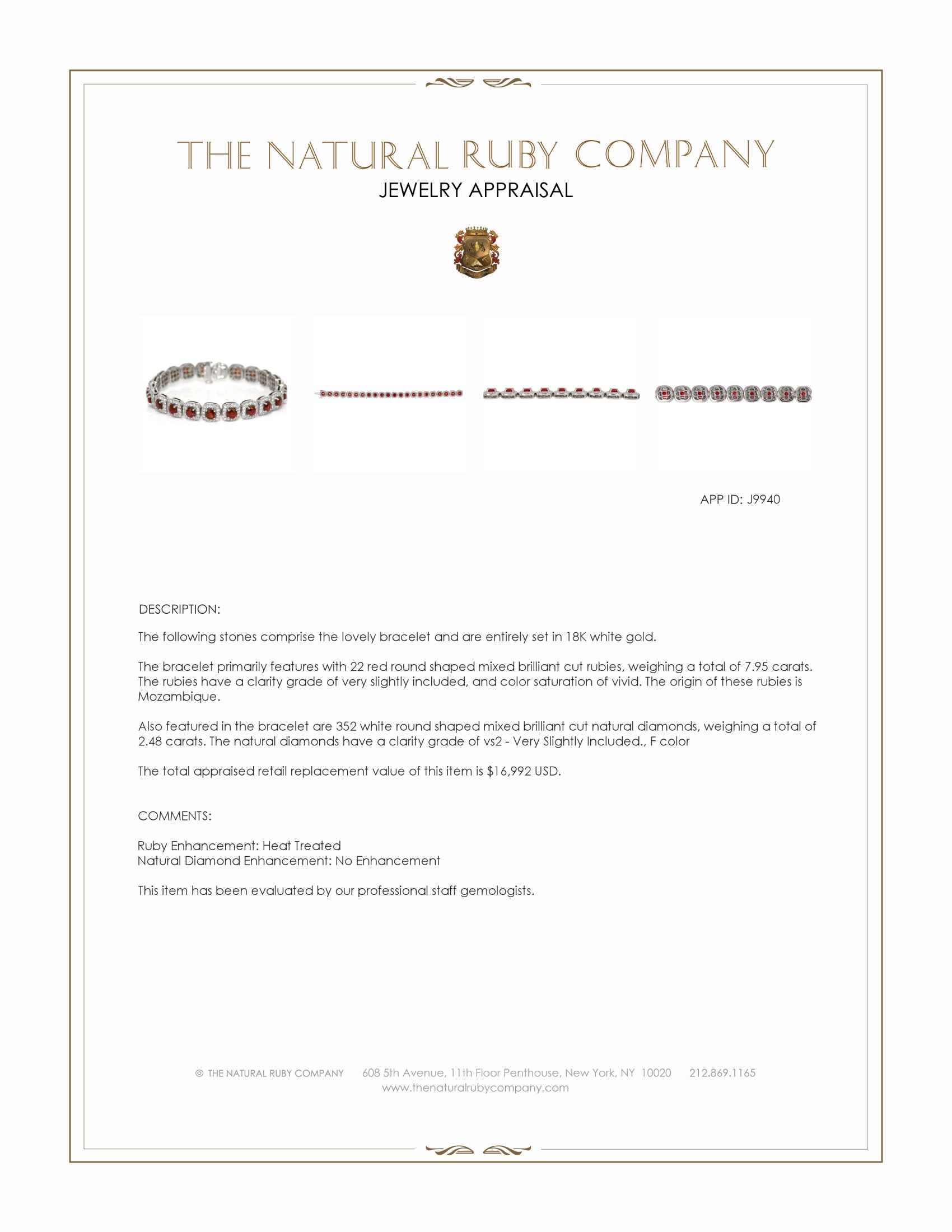 7.95 Ct.Tw. Ruby and Natural Diamond Pave Bracelet, 18K White Gold