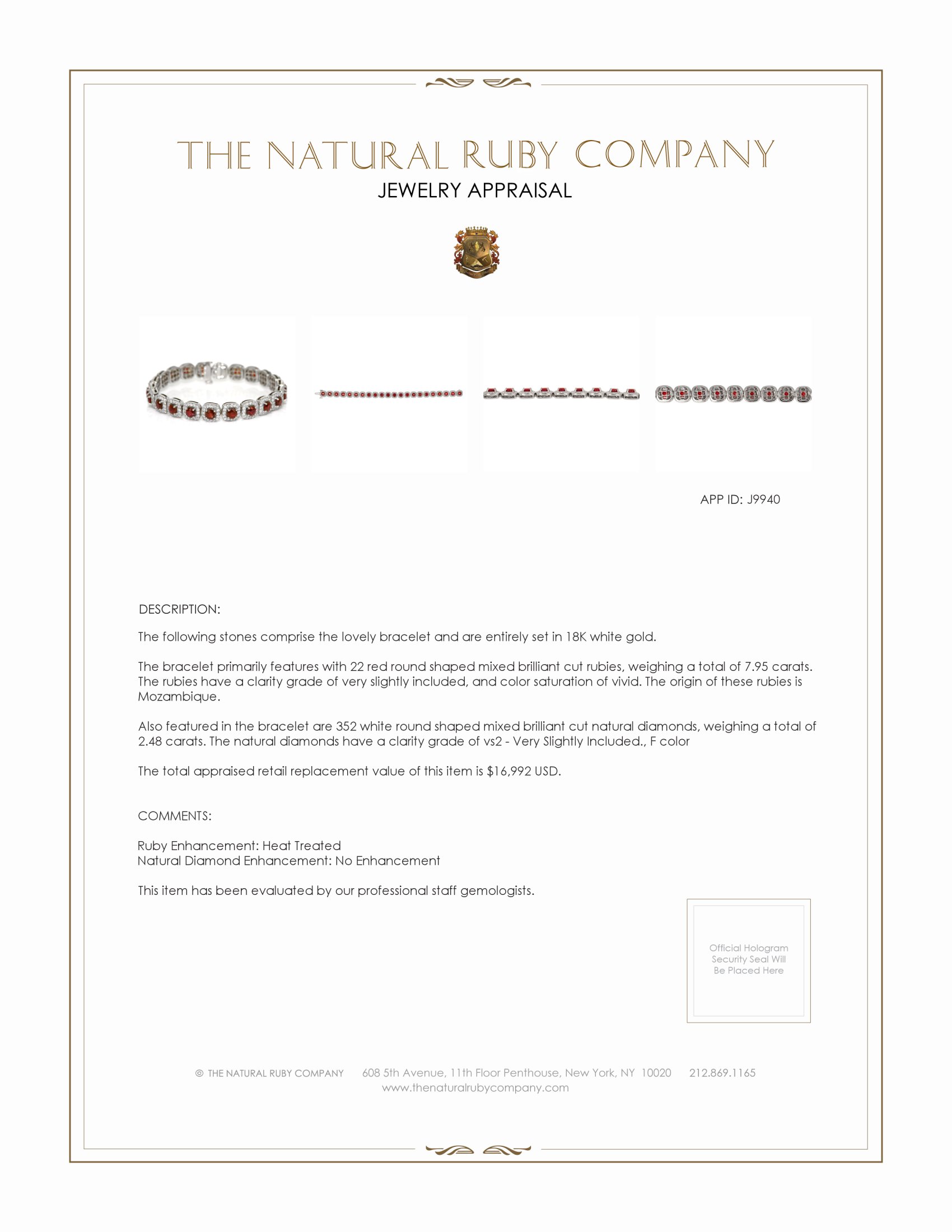 7.95 Ct.Tw. Ruby Natural Diamond Pave Bracelet, 18K White Gold