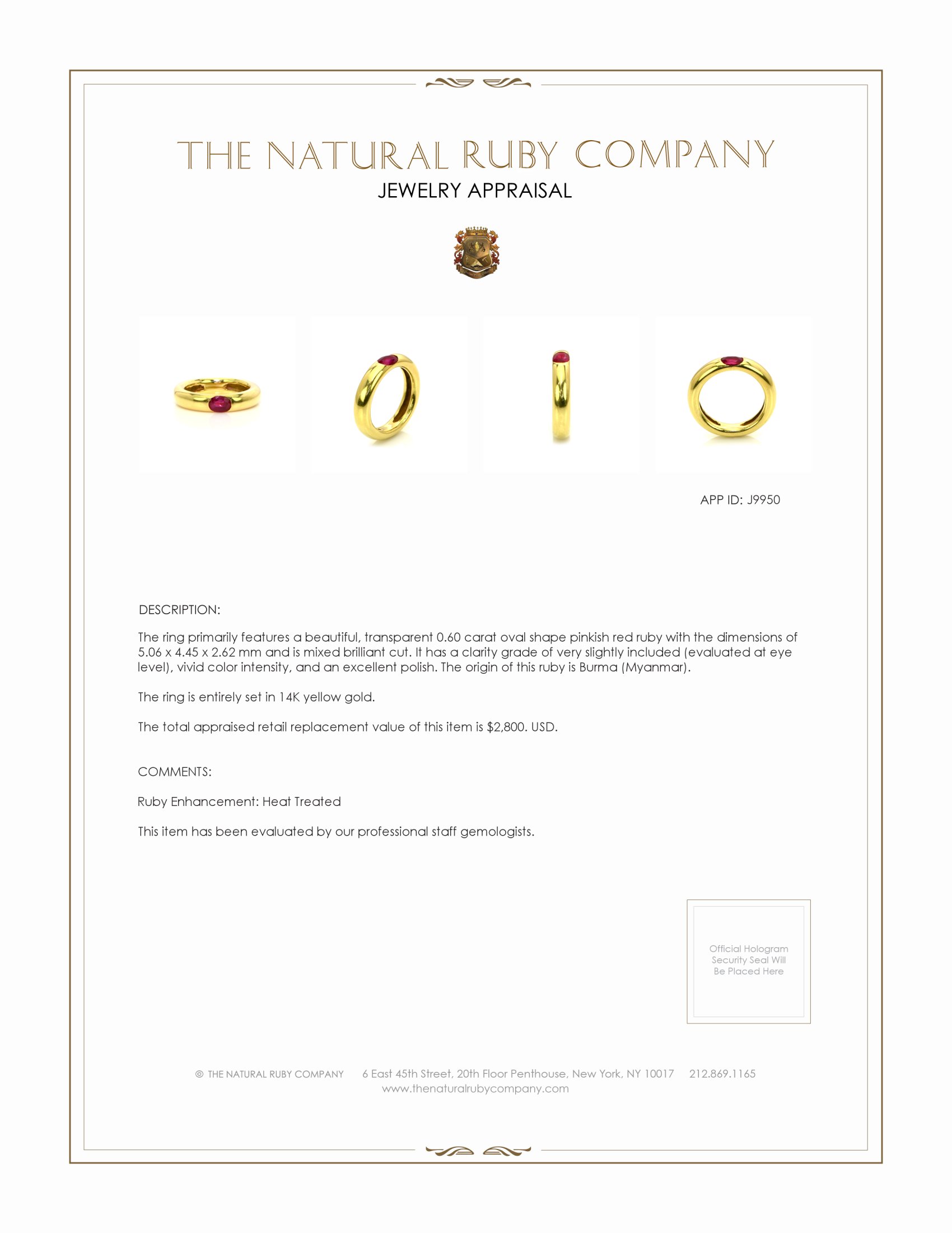 0.60 Ct. Pinkish Red Ruby Bezel Ring, 14K Yellow Gold