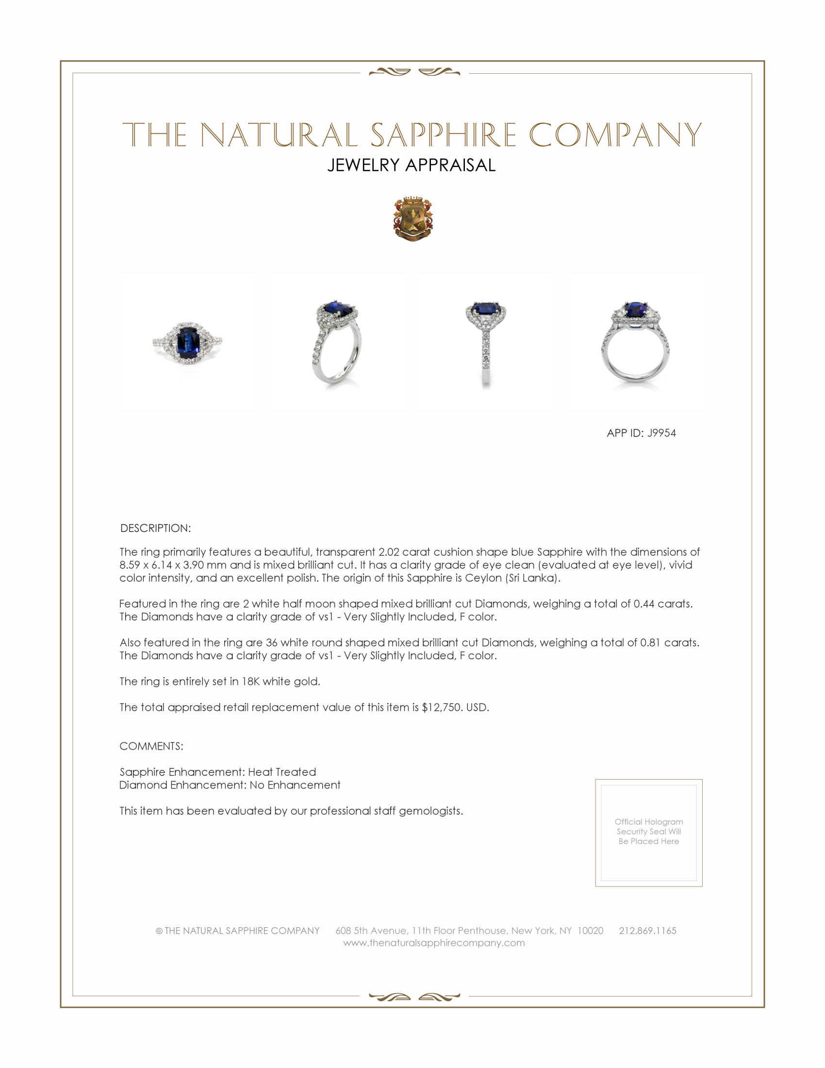 2.02 Ct. Blue Sapphire and Natural Diamond Three Stone Ring, 18K White Gold