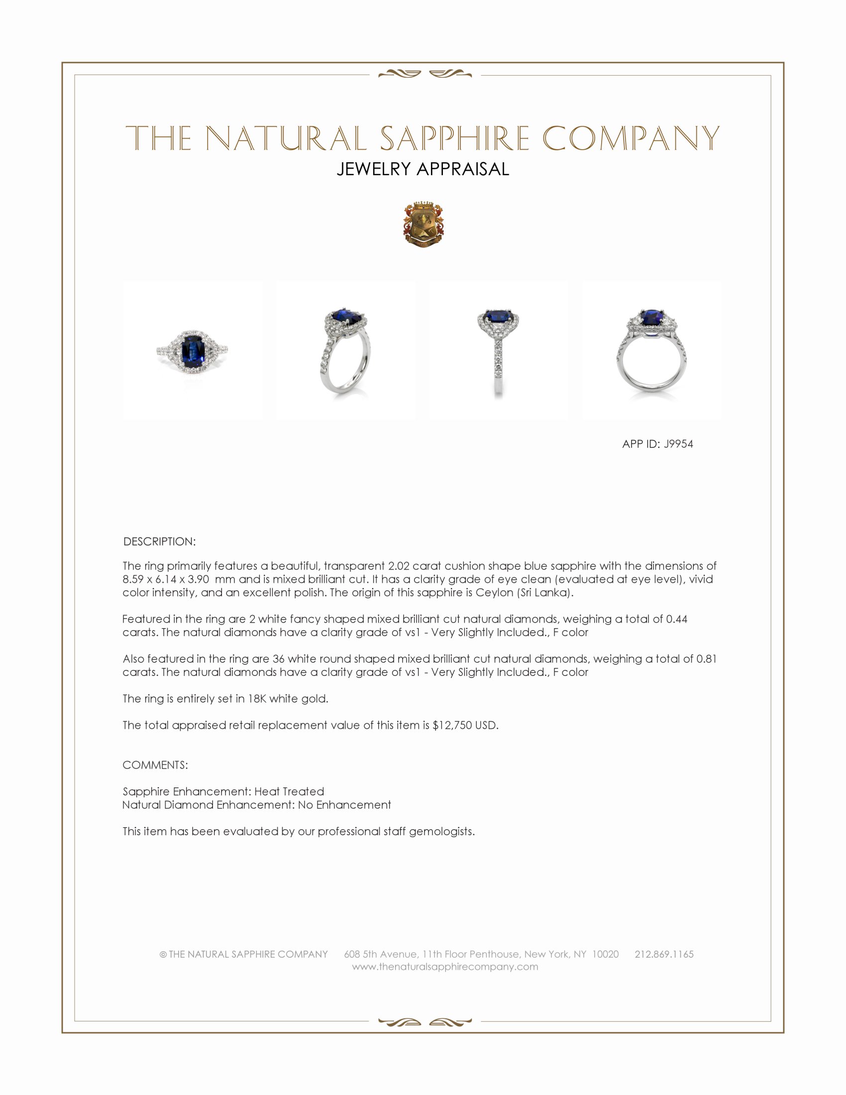 2.02 Ct. Blue Sapphire and Natural Diamond Three Stone Ring, 18K White Gold