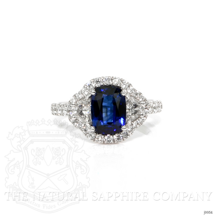 2.02 Ct. Blue Sapphire and Natural Diamond Three Stone Ring, 18K White Gold