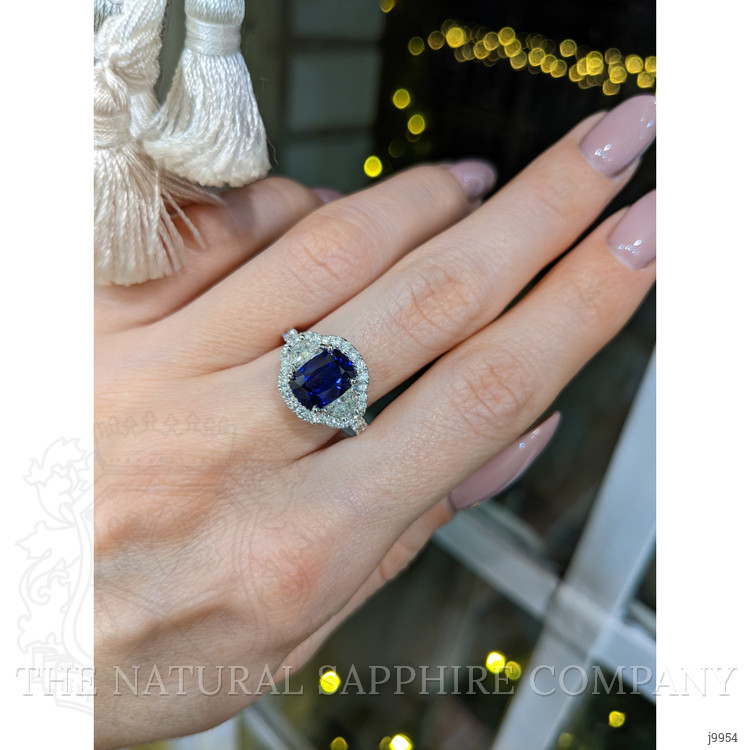 2.02 Ct. Blue Sapphire and Natural Diamond Three Stone Ring, 18K White Gold