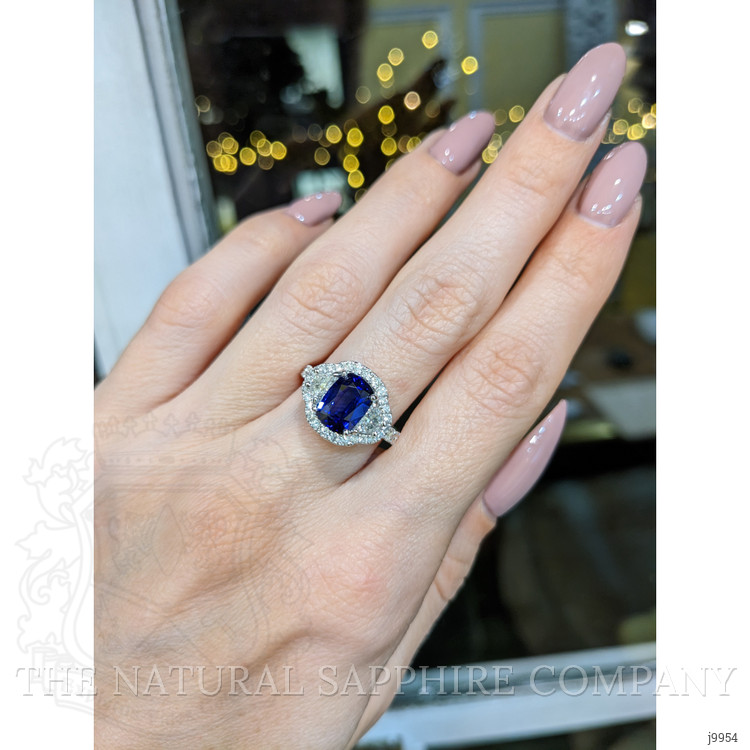 2.02 Ct. Blue Sapphire and Natural Diamond Three Stone Ring, 18K White Gold