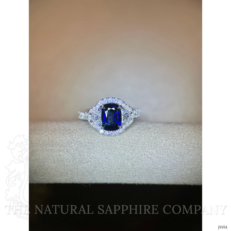 2.02 Ct. Blue Sapphire and Natural Diamond Three Stone Ring, 18K White Gold