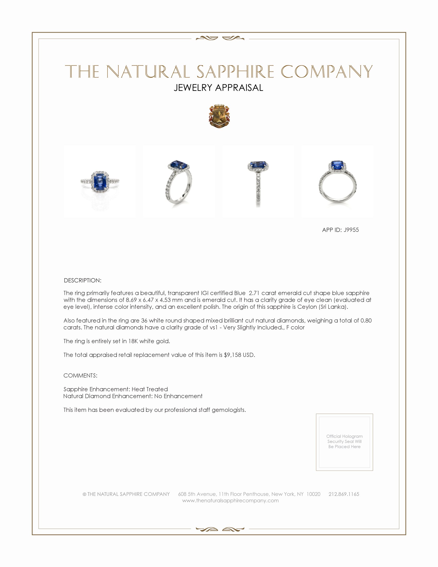 2.71 Ct. Blue Sapphire and Natural Diamond Pave Ring, 18K White Gold