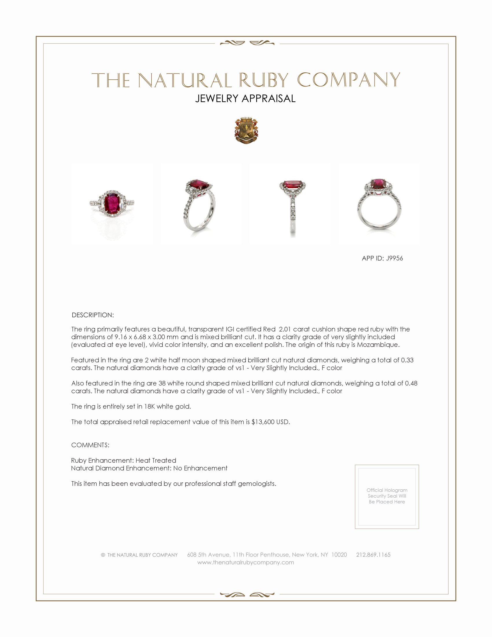 2.01 Ct. Ruby and Natural Diamond Three Stone Ring, 18K White Gold