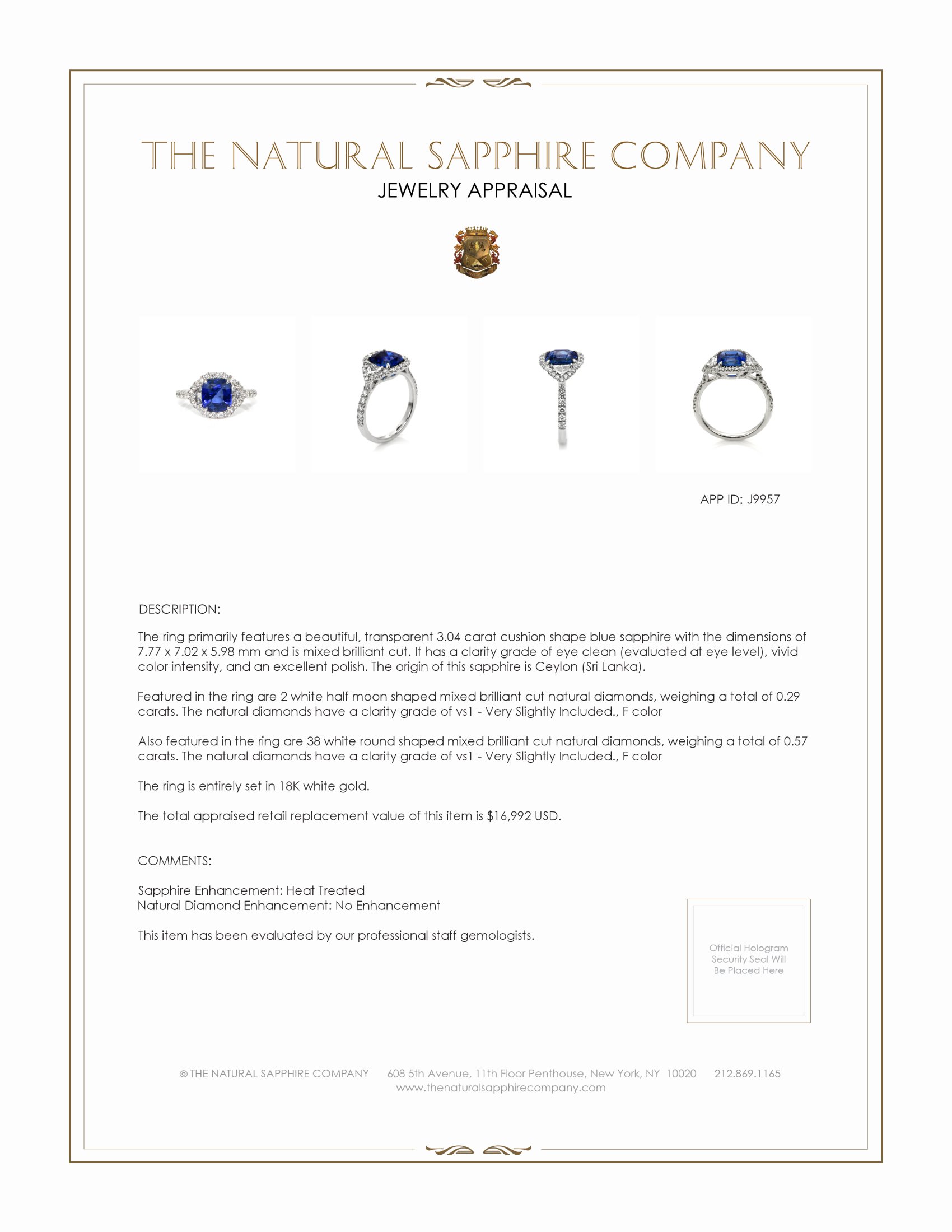 3.04 Ct. Blue Sapphire and Natural Diamond Three Stone Ring, 18K White Gold