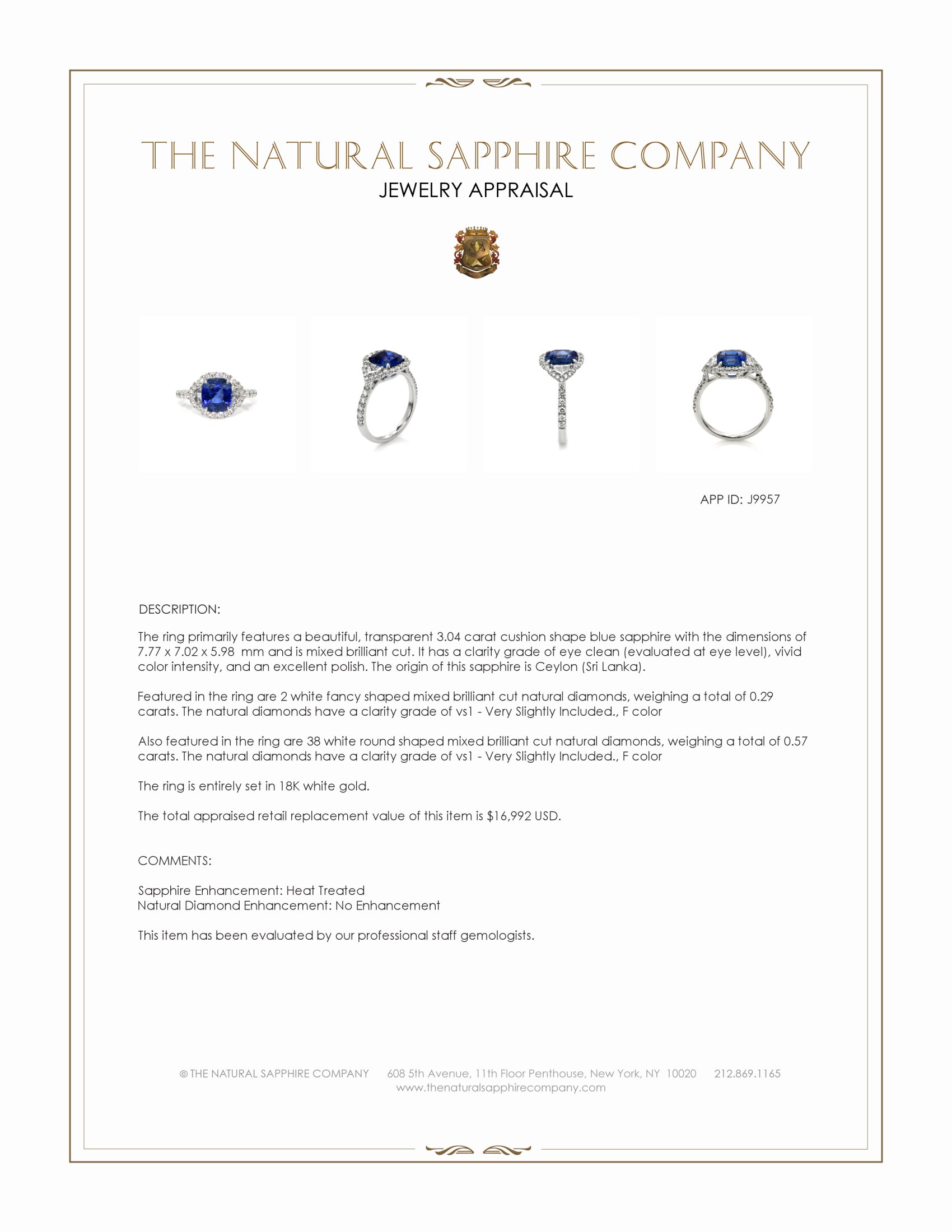 3.04 Ct. Blue Sapphire and Natural Diamond Three Stone Ring, 18K White Gold