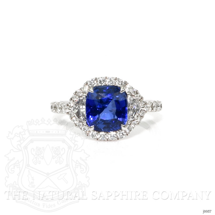 3.04 Ct. Blue Sapphire and Natural Diamond Three Stone Ring, 18K White Gold