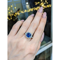 3.04 Ct. Blue Sapphire and Natural Diamond Three Stone Ring, 18K White Gold Life Style
