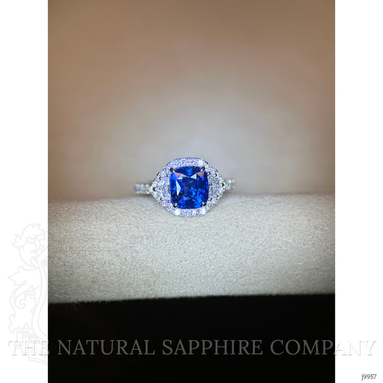 3.04 Ct. Blue Sapphire and Natural Diamond Three Stone Ring, 18K White Gold