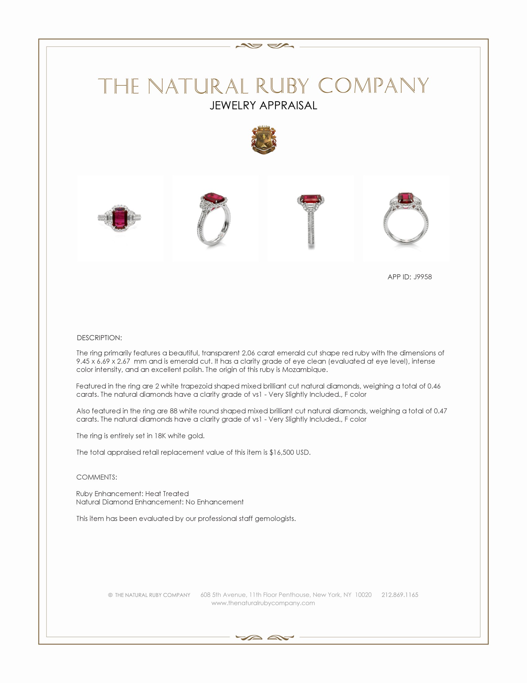 2.06 Ct. Ruby and Natural Diamond Three Stone Ring, 18K White Gold