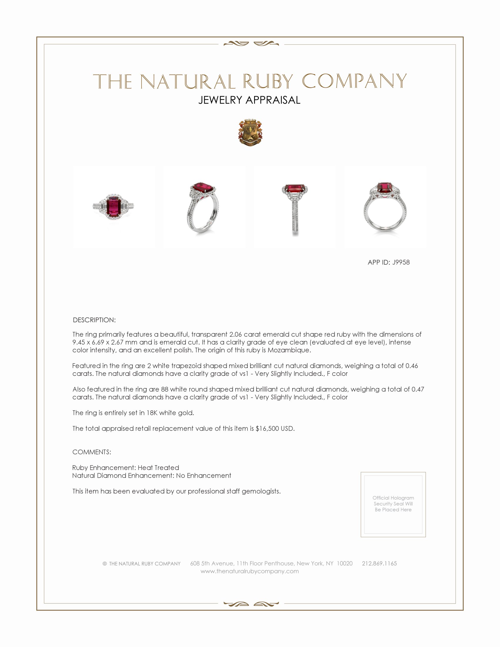 2.06 Ct. Ruby and Natural Diamond Three Stone Ring, 18K White Gold