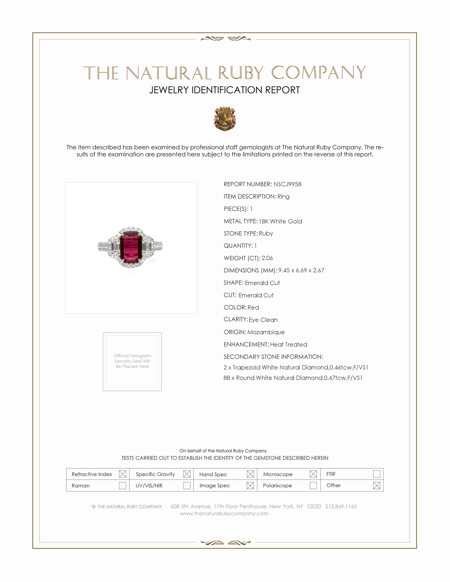 2.06 Ct. Ruby and Natural Diamond Three Stone Ring, 18K White Gold