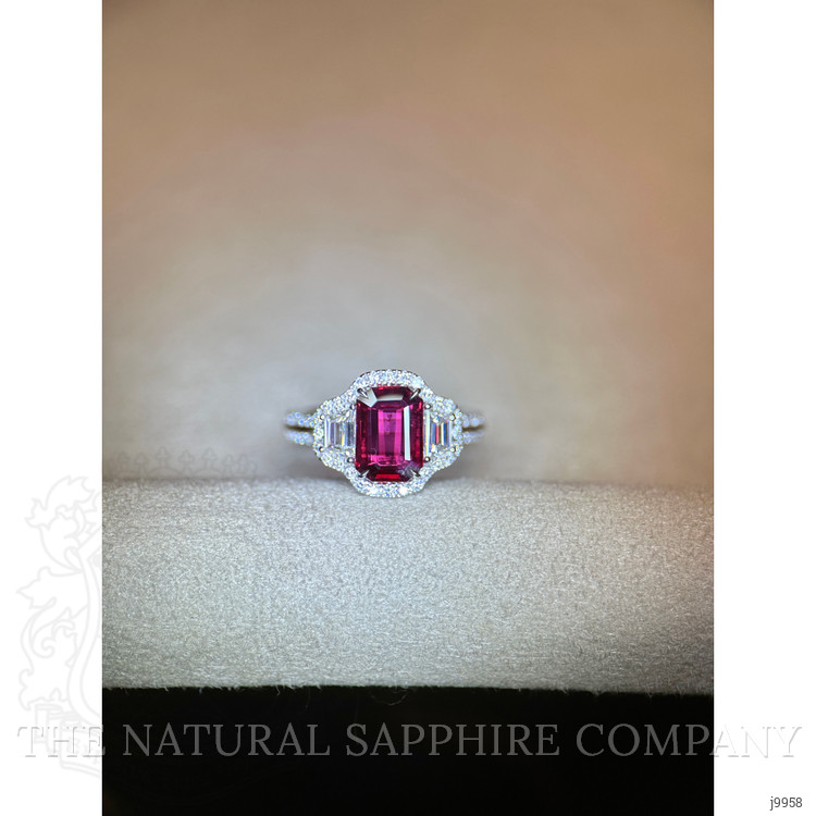 2.06 Ct. Ruby Natural Diamond Three Stone Ring, 18K White Gold