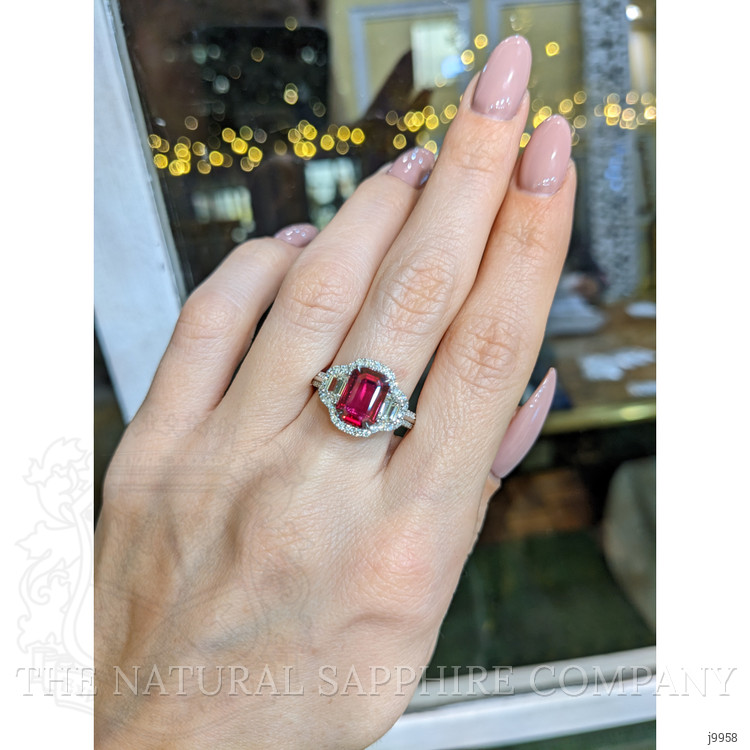 2.06 Ct. Ruby Natural Diamond Three Stone Ring, 18K White Gold
