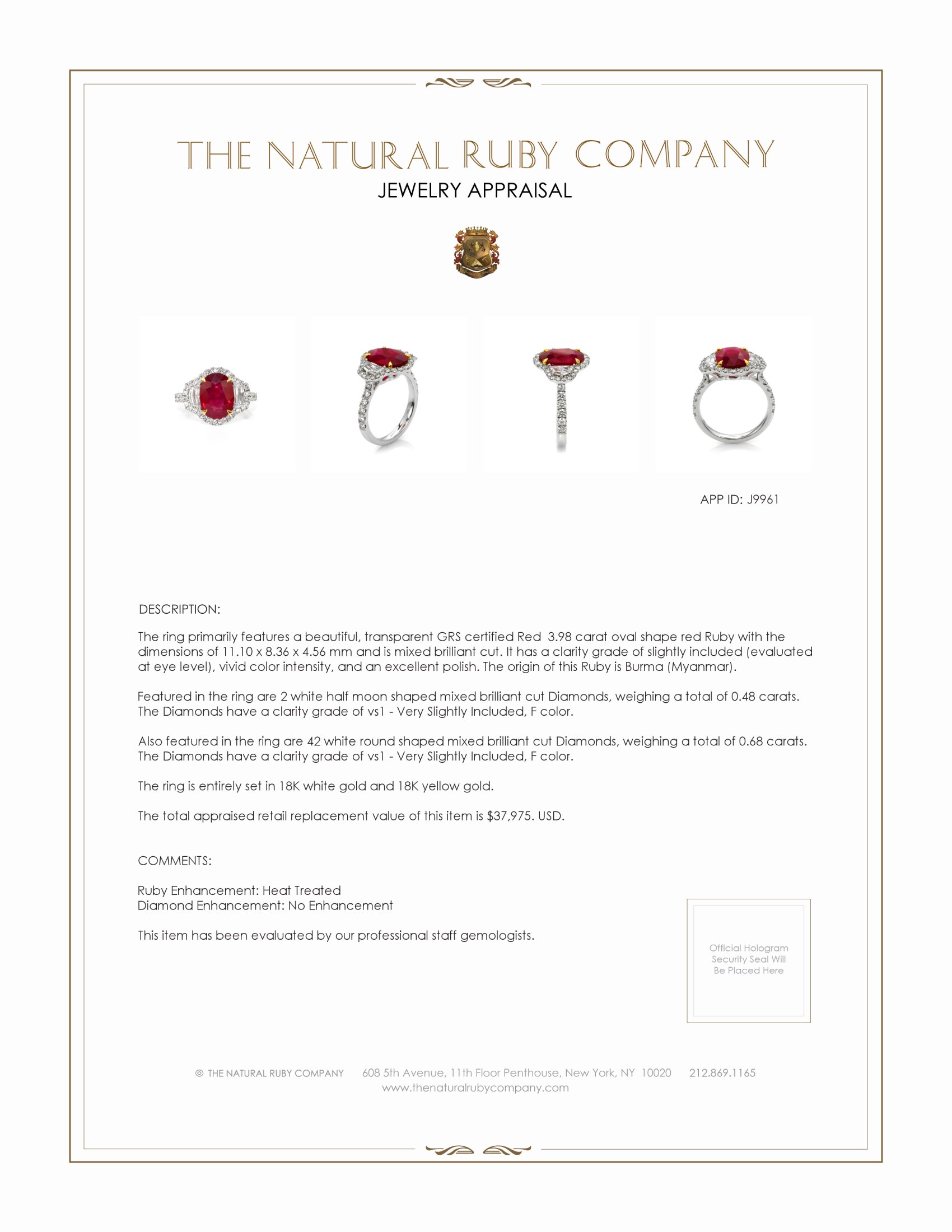 3.98 Ct. Ruby and Natural Diamond Three Stone Ring, 18K White & Yellow