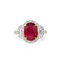 3.98 Ct. Ruby and Natural Diamond Three Stone Ring, 18K White & Yellow Video