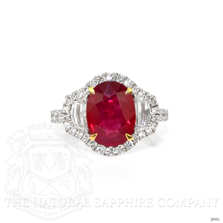 3.98 Ct. Ruby and Natural Diamond Three Stone Ring, 18K White & Yellow
