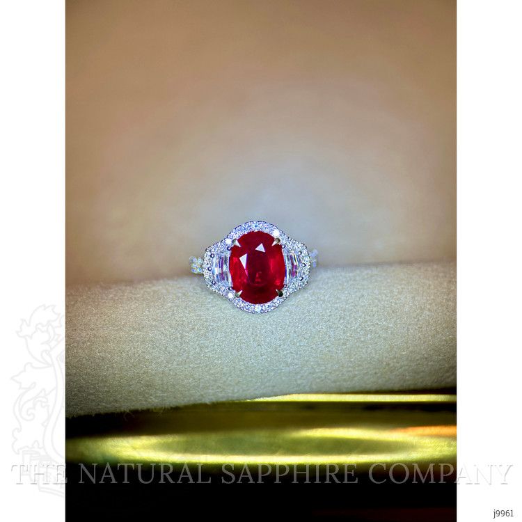 3.98 Ct. Ruby and Natural Diamond Three Stone Ring, 18K White & Yellow